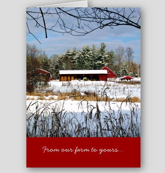 red barn in winter card