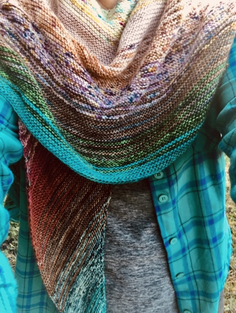 Me wearing my newly knitted Scrappy Bias Shawl