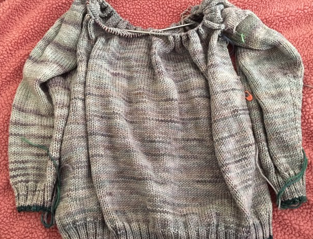 Umpqua sweater knitting, bottom up, nearly at the yoke color work area.