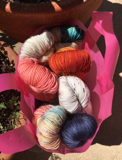 Bag of Emma's Yarn skeins purchased from the yarn truck.