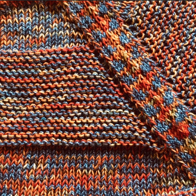 Orange and blue knitting shawl