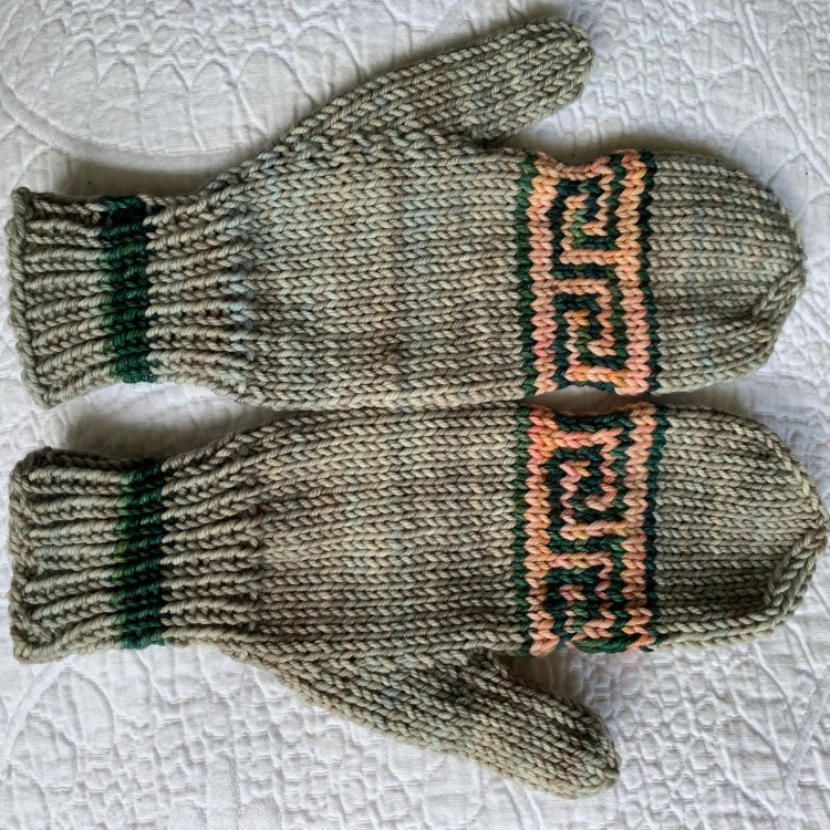 pair of mittens with greek key