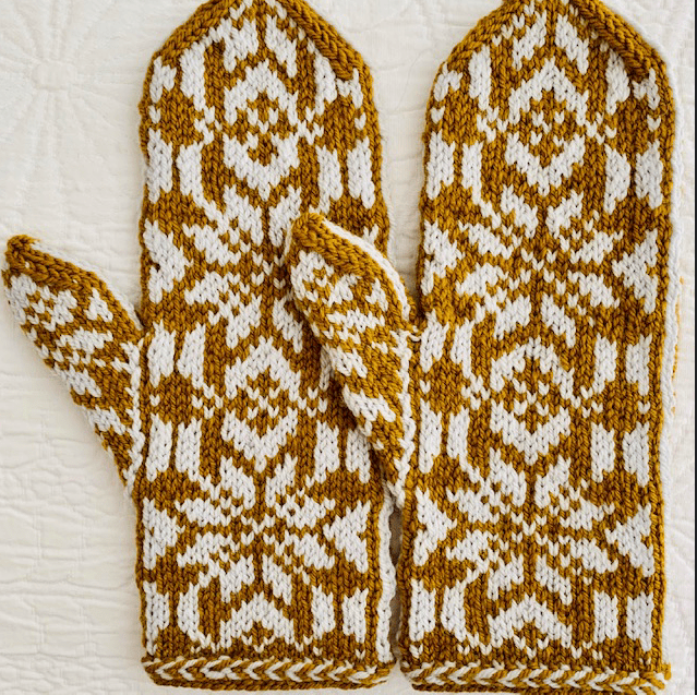 Gold and white hand knit mittens