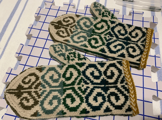 Fiddlehead mittens hand-knit in Arbor yarn by Brooklyn Tweed
