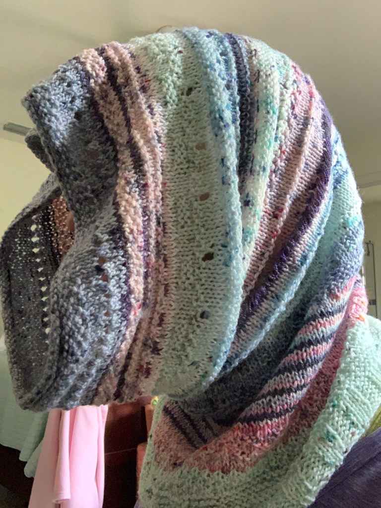 Multi color cowl knit with fingering weight yarn in stripes and textures