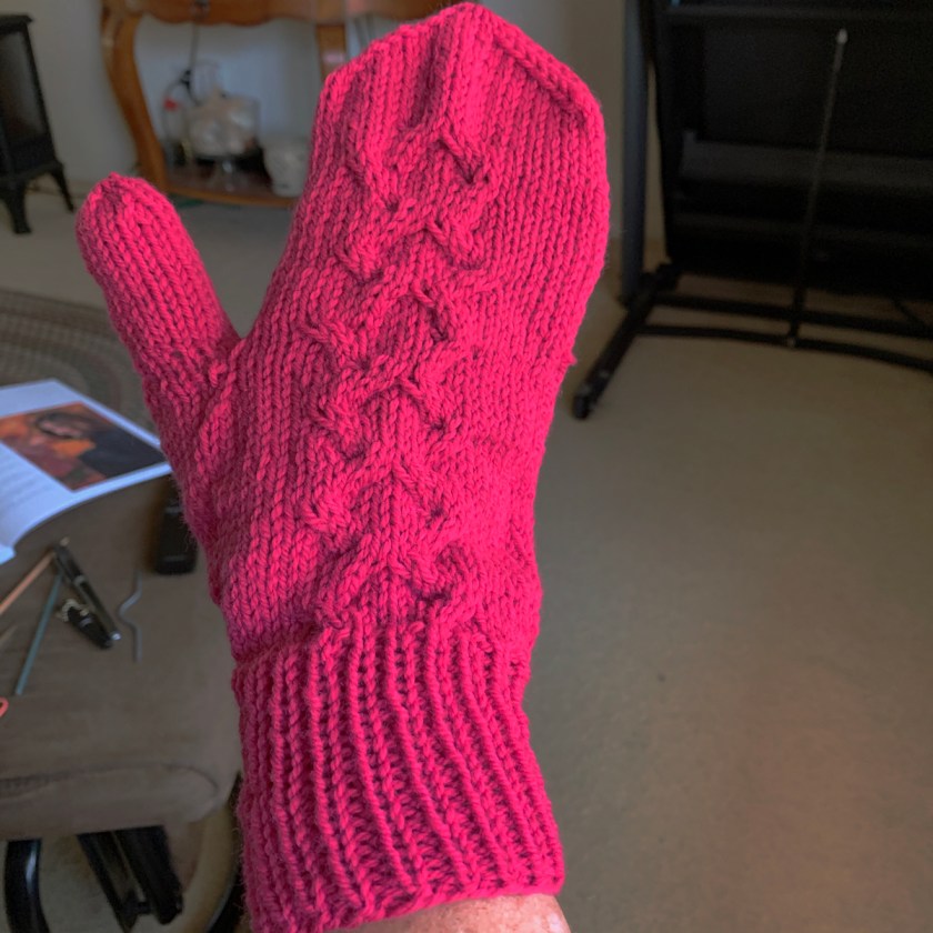Azalea pink, cable mitten Golden Afternoon pattern