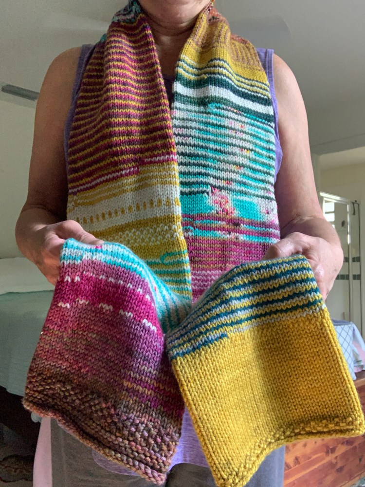 My made up tube scarf using stash yarn in helix stripes and colorwork