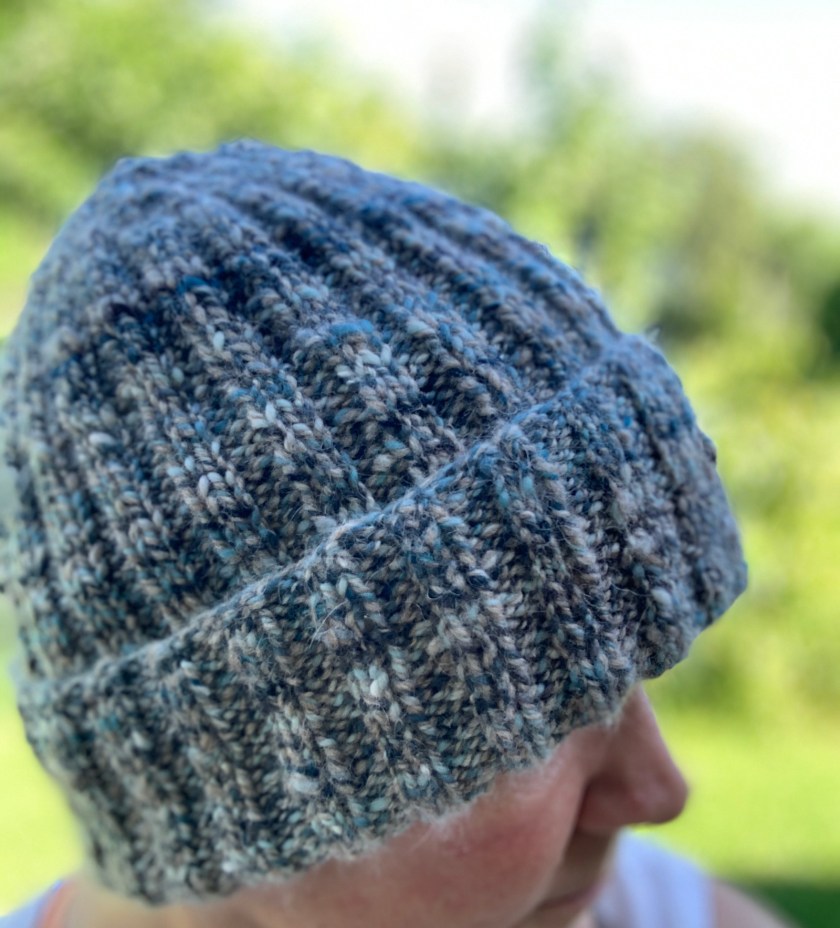 Variegated blue handspun yarn beanie