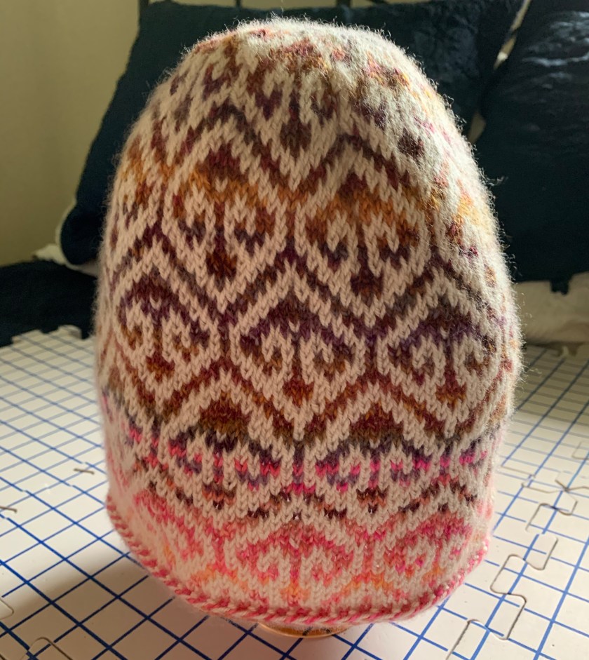Turkish patterned cap knit in brown and white