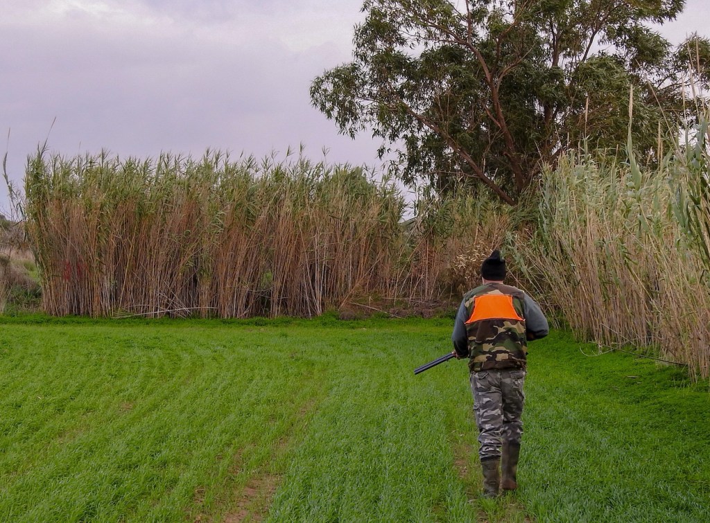 Hunter in camo clothing with piece of bright orange on his backpack