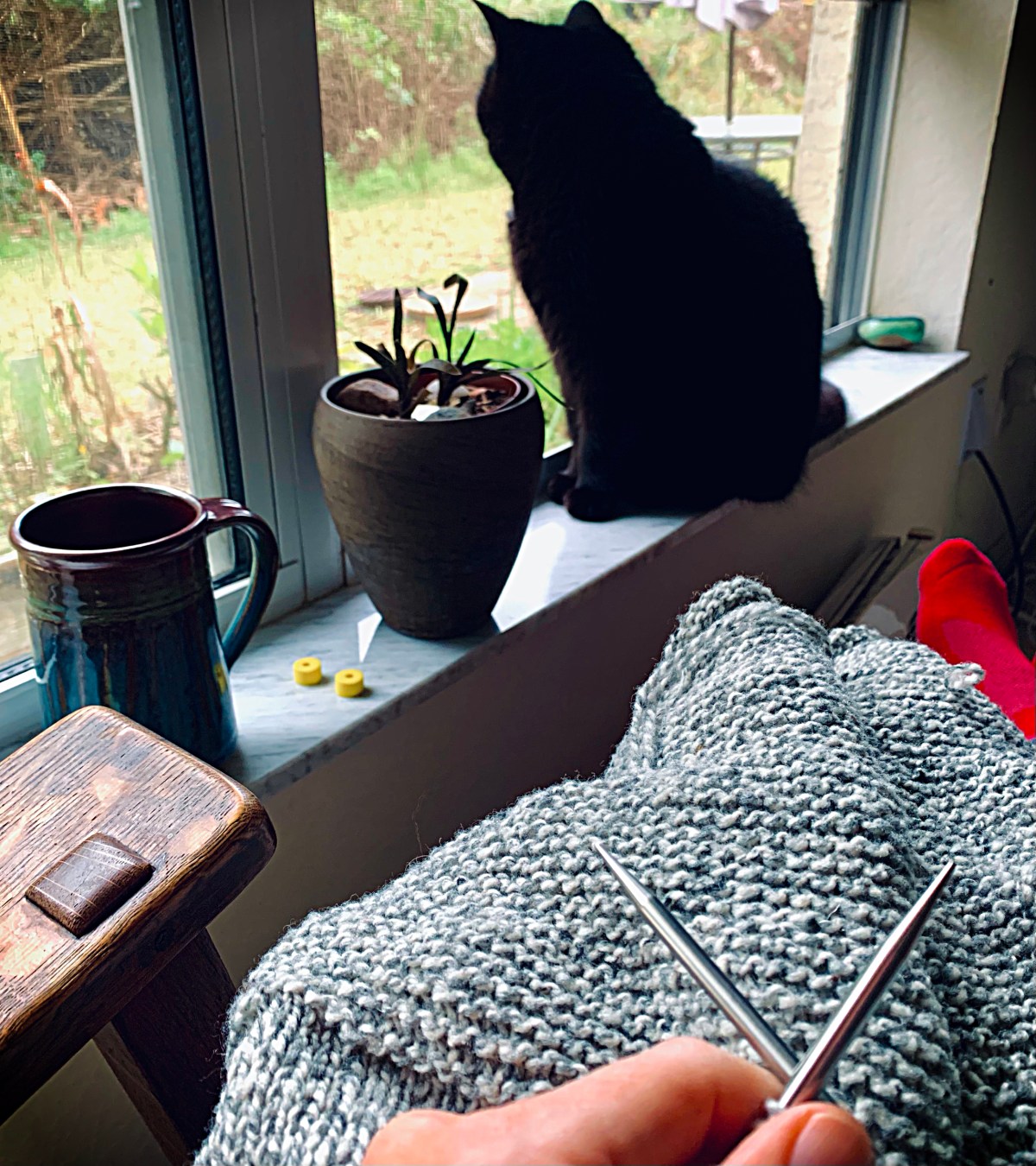 peaceful knitting by the window with my cat and a cup of coffee