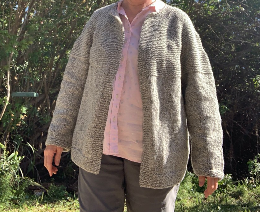 Wearing my hand knit Cobblestone Cardigan