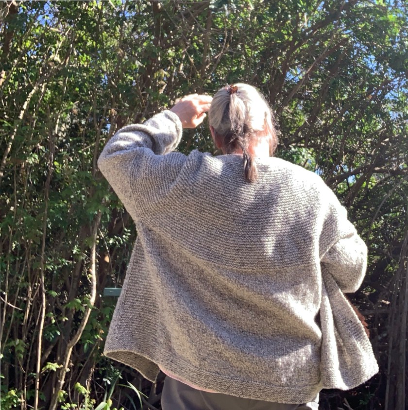 Wearing my Cobblestone Cardigan hand knit in gray wool