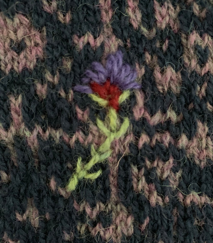 Thistle embroidery on Keramos Cowl