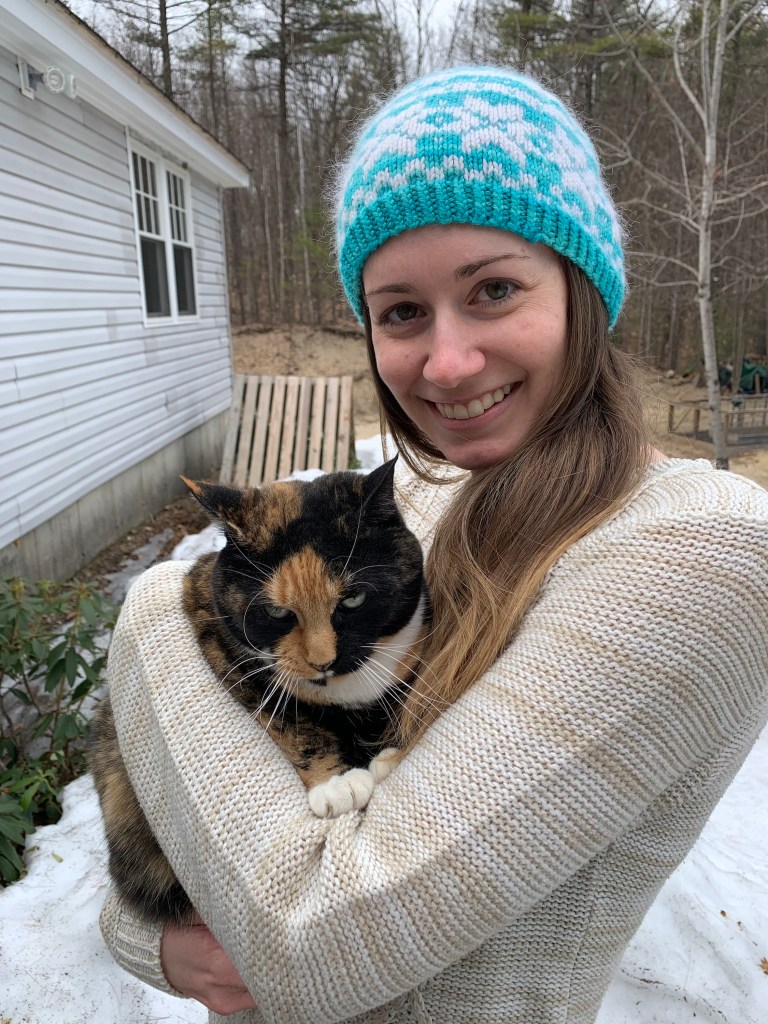 hand knit hat colorwork model with cat