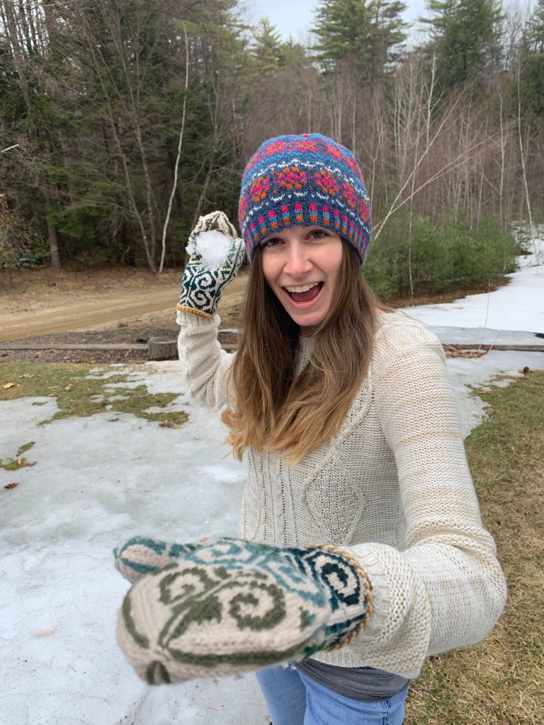 Katie's Kep hat and Fiddlehead mittens modeled in winter