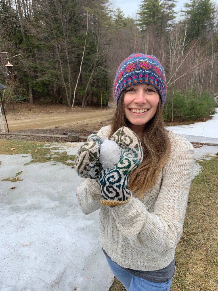 Katies Kep and fiddlehead mittens, hand knits