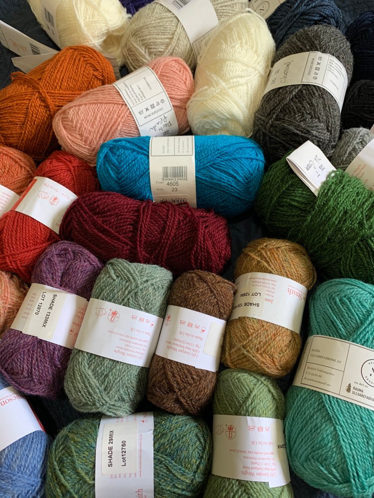 Wool yarn skeins, Jamieson & Smith and Rauma