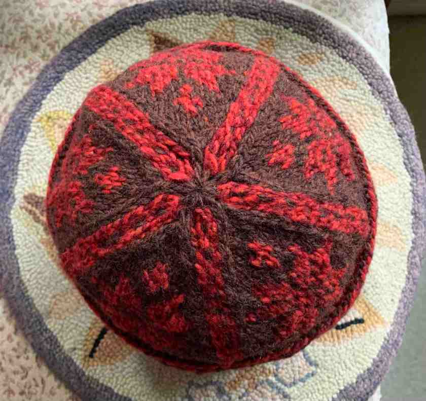 Triple Patterned Watchcap knit in brown and red wool crown of hat