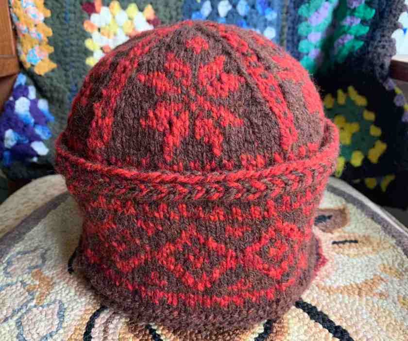 Triple Patterned Watchcap knit in brown and red wool