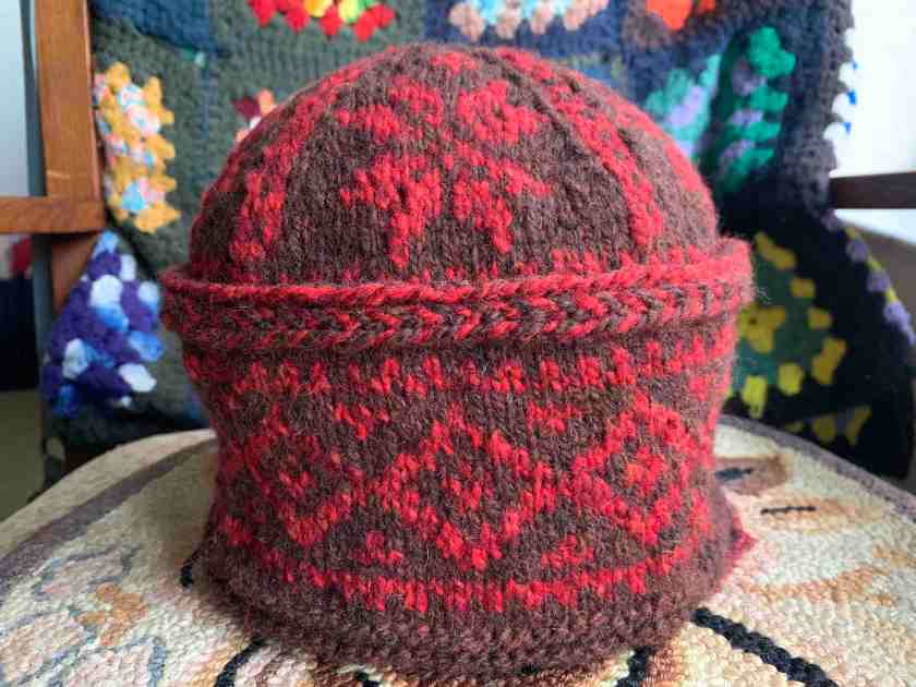 Triple Patterned Watchcap knit in brown and red wool