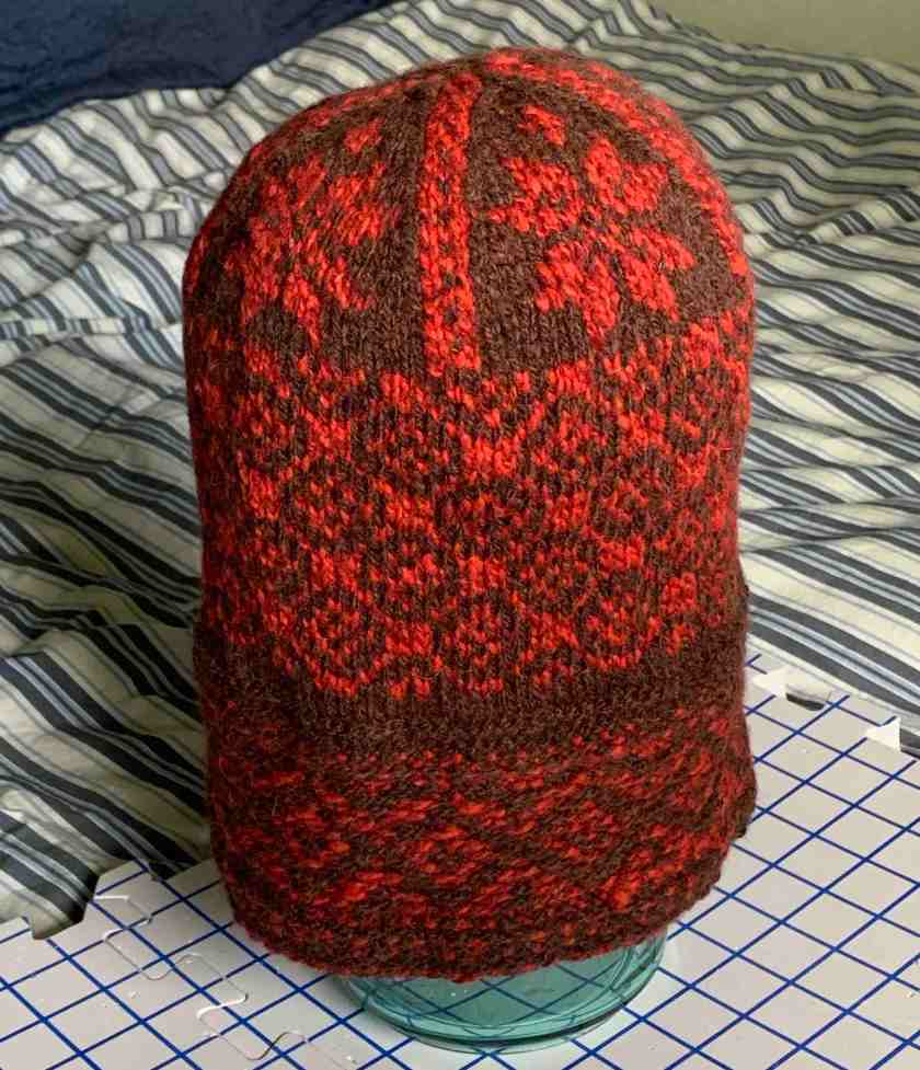 Triple Patterned Watchcap knit in brown and red wool