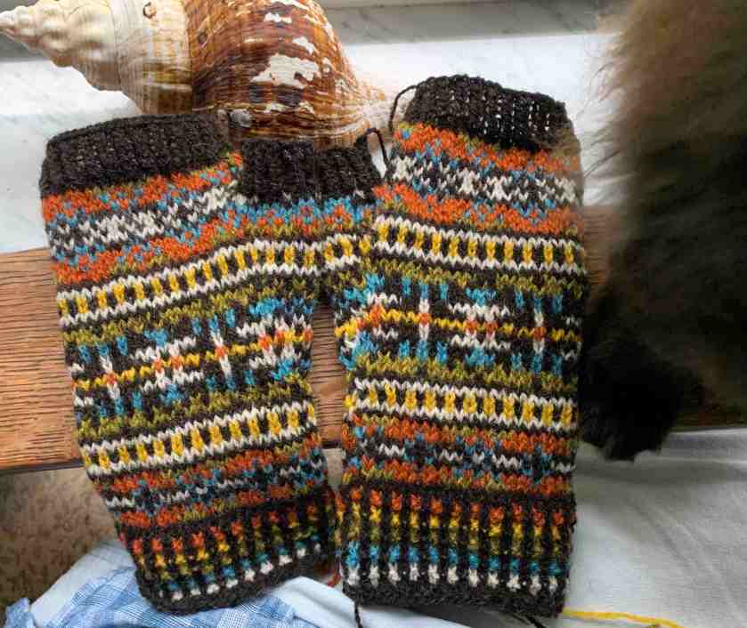 pair of colorwork Fair Isle fingerless mitts