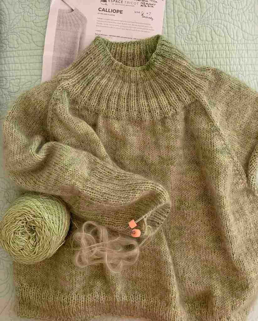 knitting the Calliope pullover sweater in green