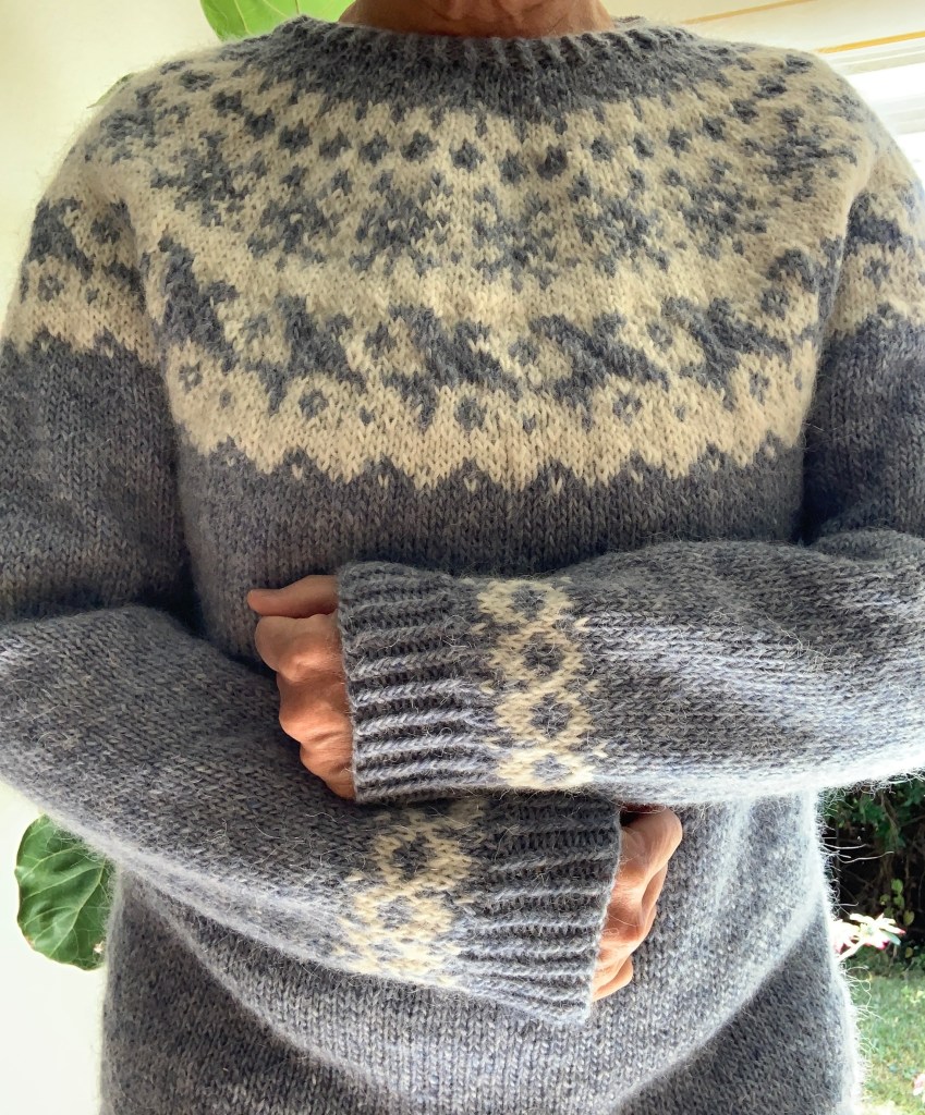 Farfuglar sweater front showing sleeves and yoke