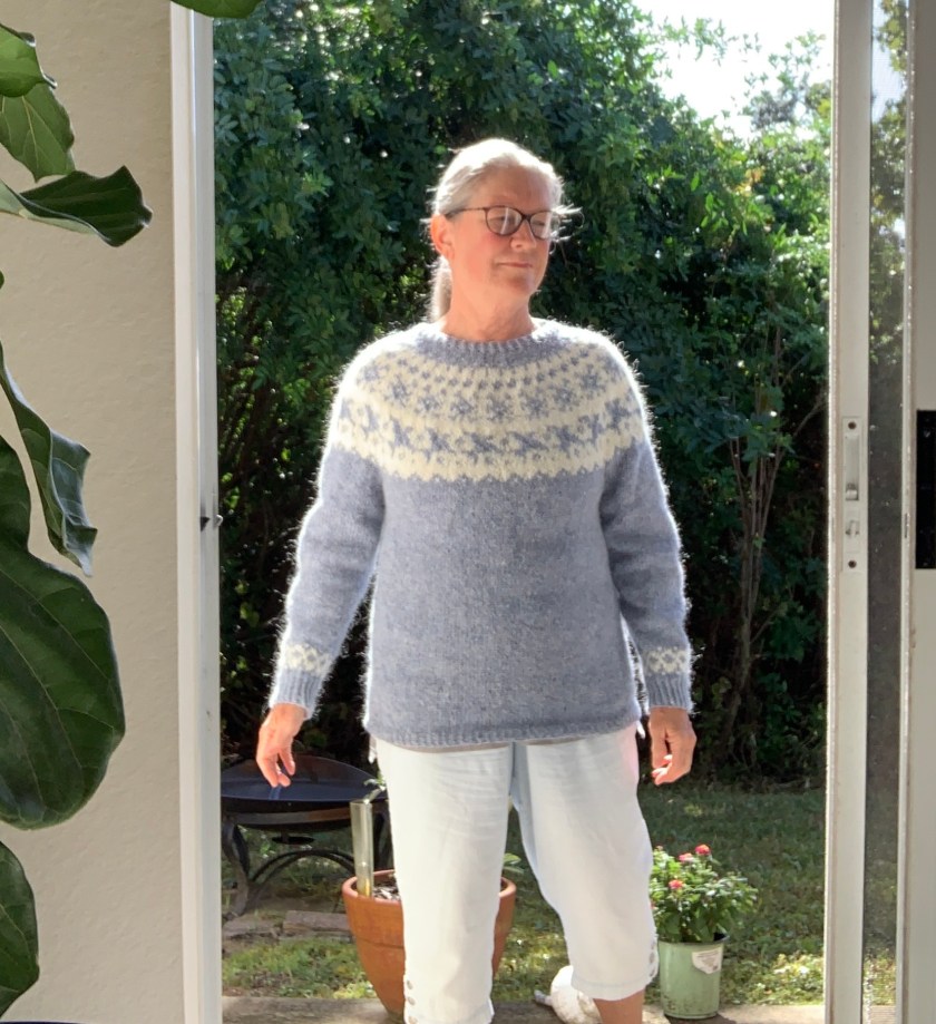 me wearing my newly knit sweater