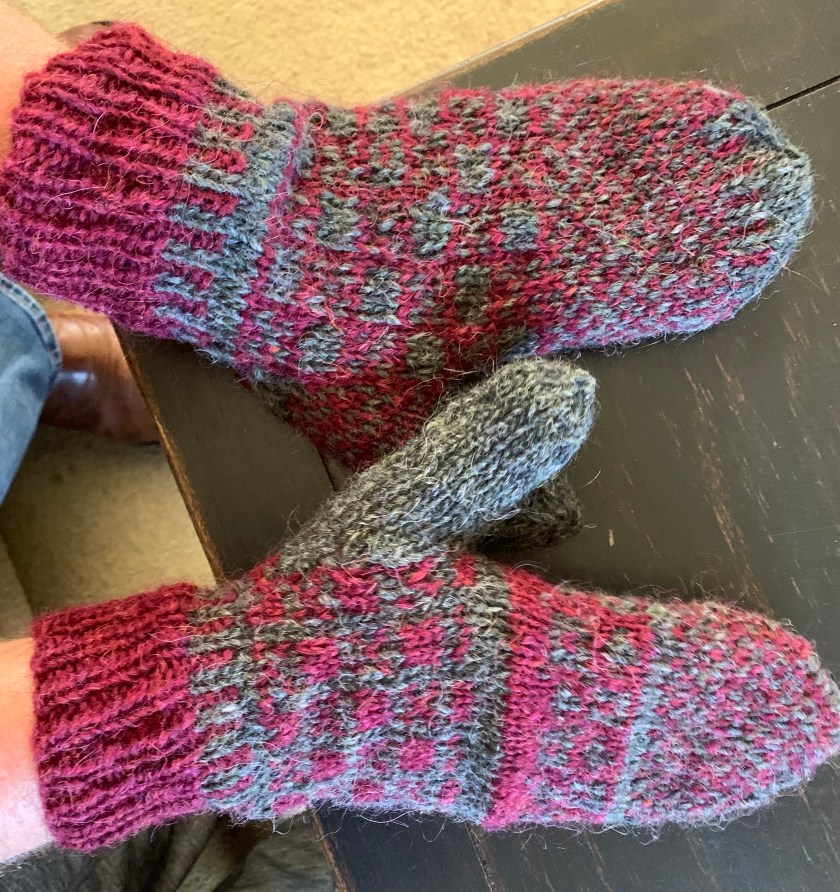 Red and gray mittens