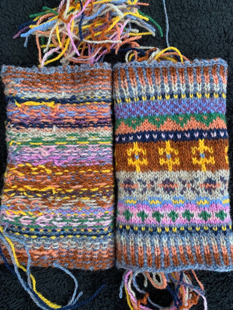 Weaving in ends on Fair Isle wrist warmers