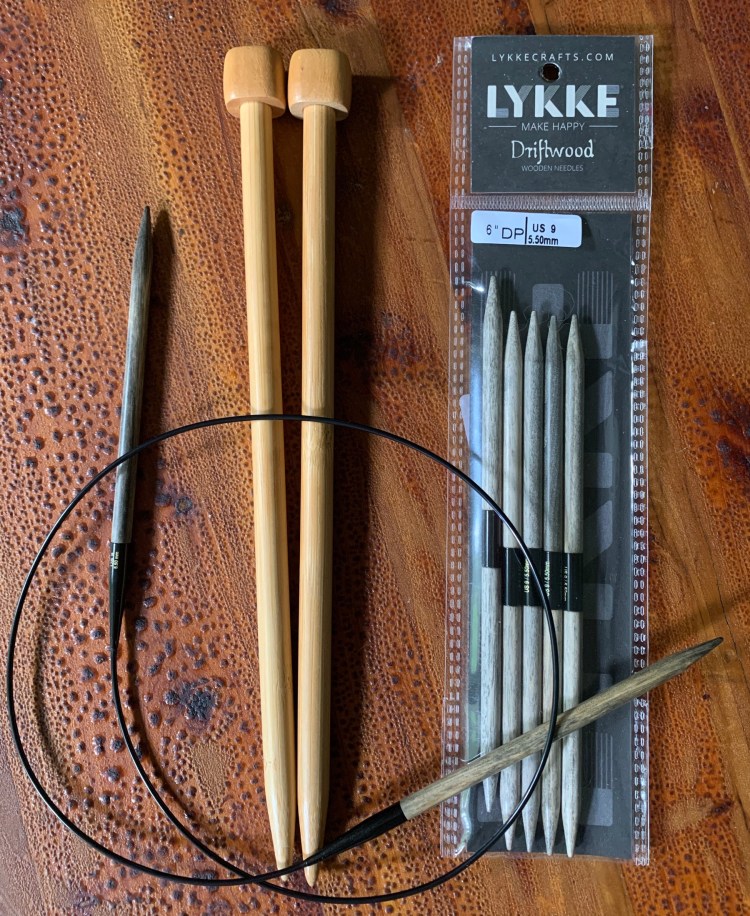 types of knitting needles showing straight, circular and DPNs