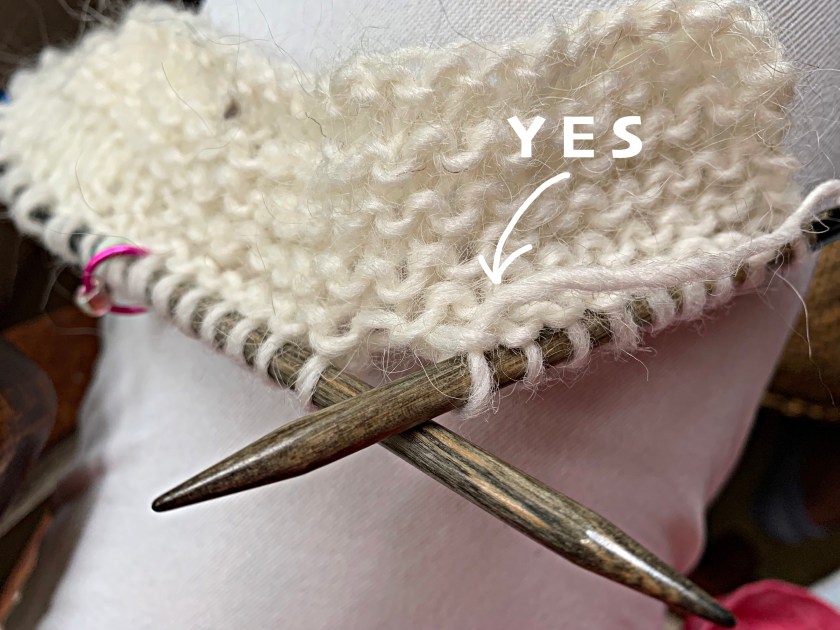 Yarn comes off the right hand needle