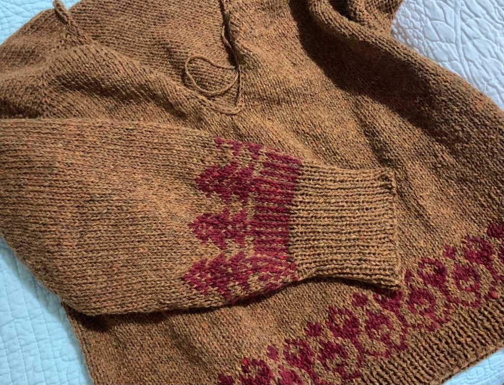 colorwork trees on the sleeve