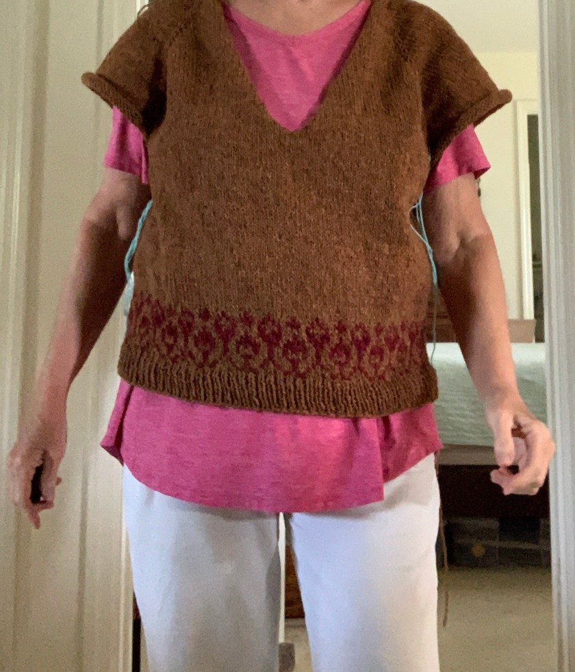 Trying on my sweater knitting project