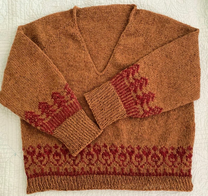 V-neck sweater with colorwork in worsted wool