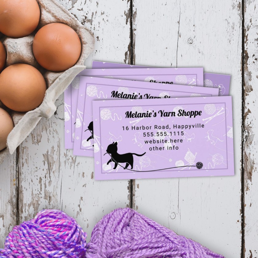 Knitting business card template in purple with cat.