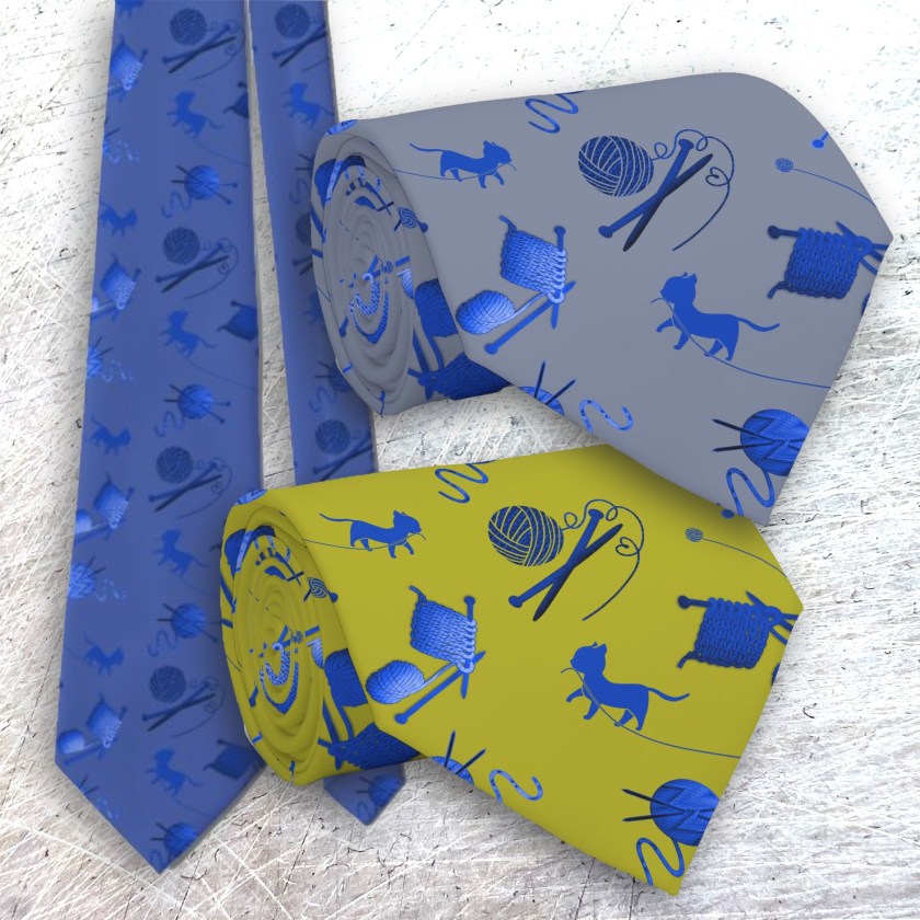 Neck ties with knitting themed pattern and cats