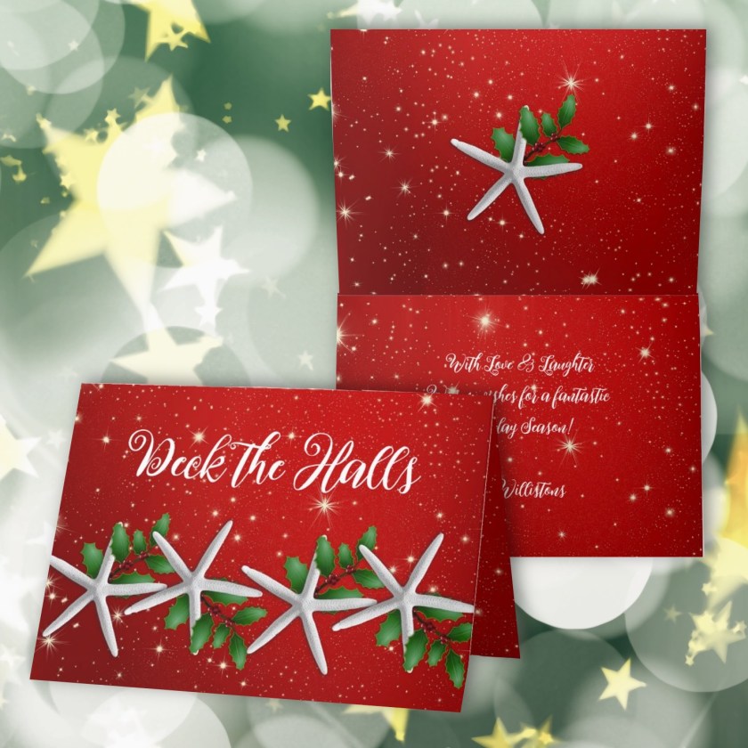 Deck the halls Christmas cards with starfish.