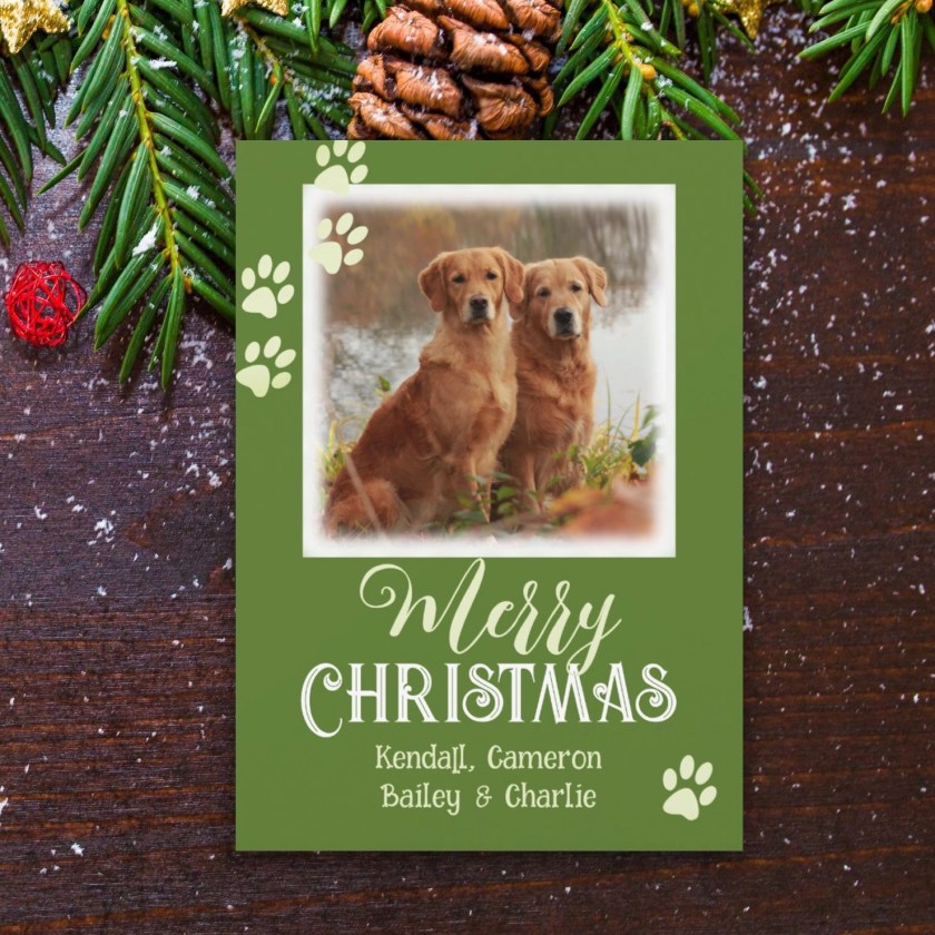 Dog photo Christmas cards with paw prints design