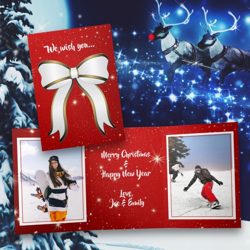 Double folded Christmas cards with two big photo templates and custom text inside.