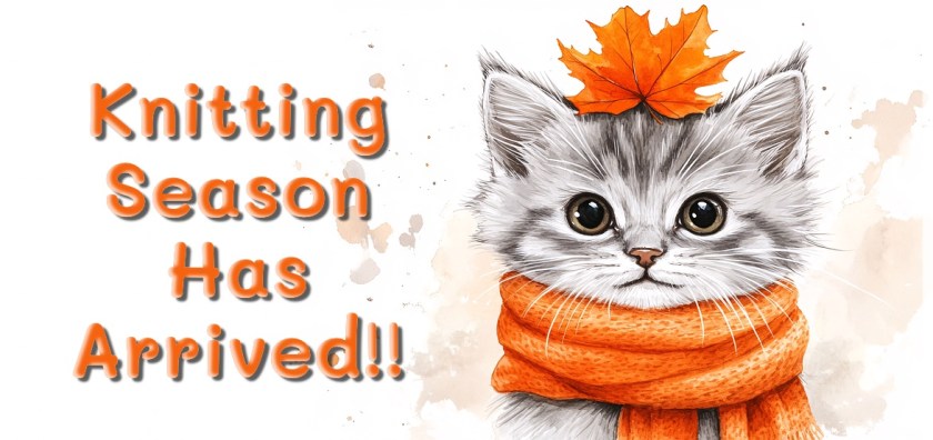 knitting season cat with scarf