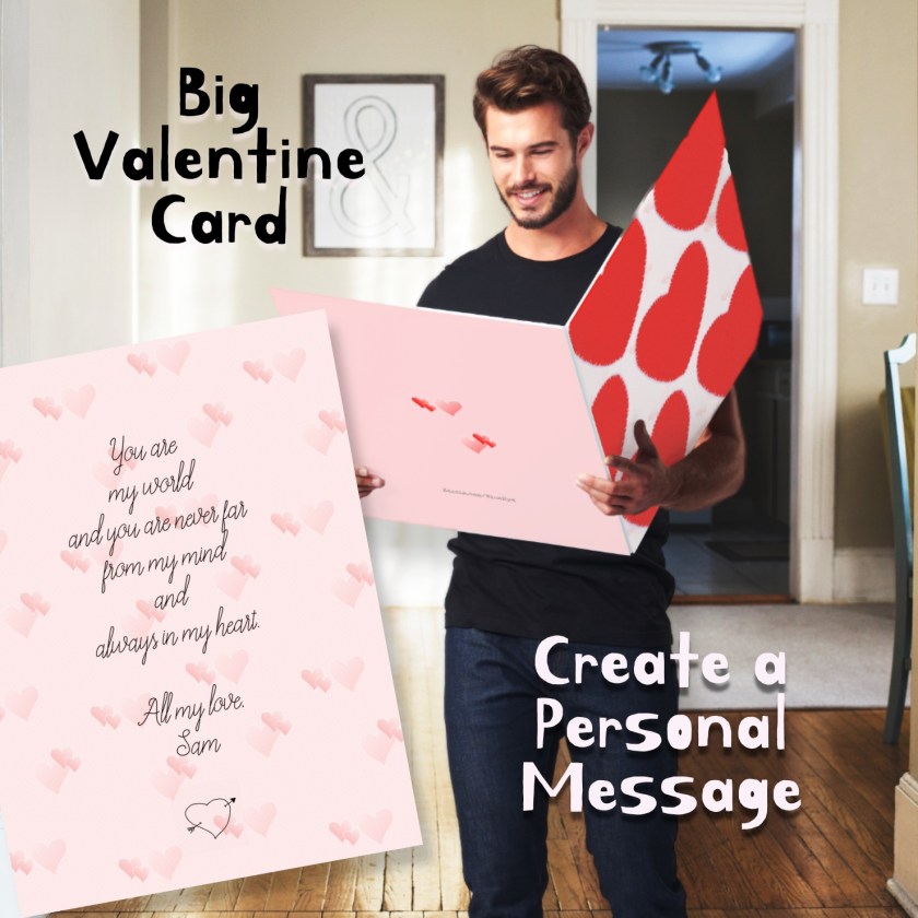 Big Valentine card with red hearts and custom message