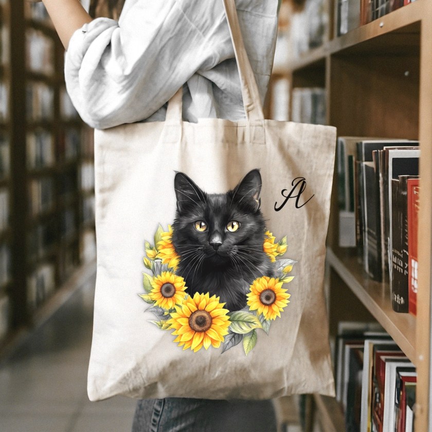 black cat tote bag with sunflowers