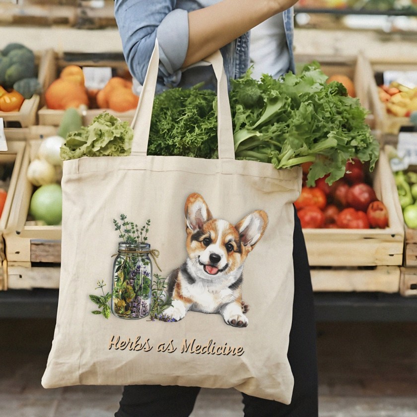 Corgi and herbs cotton tote bag