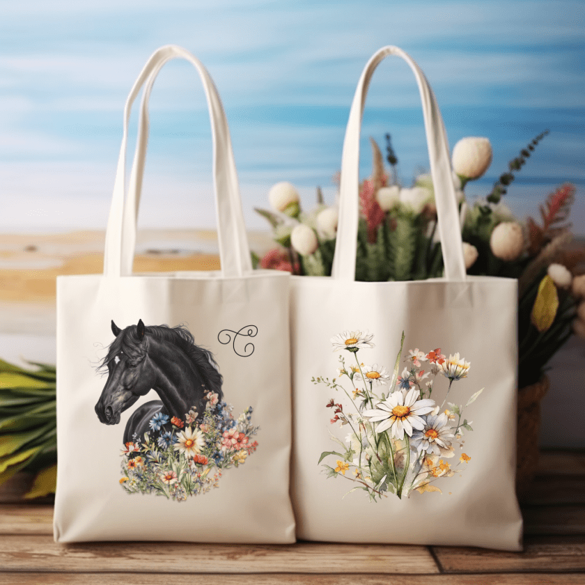 Cotton tote bag with black horse, initial, and wildflowers