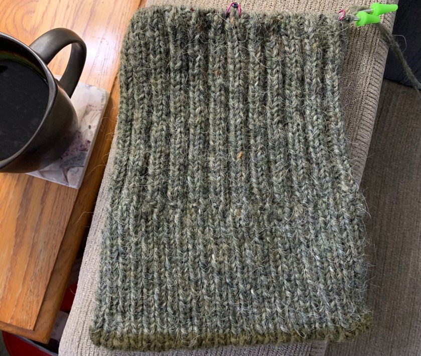 Dual loop beanie hat knitting project using Icelandic wool.
