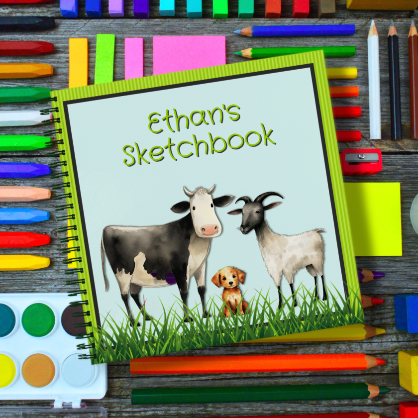 Spiral bound sketchbook with cow, goat and puppy to personalize with name