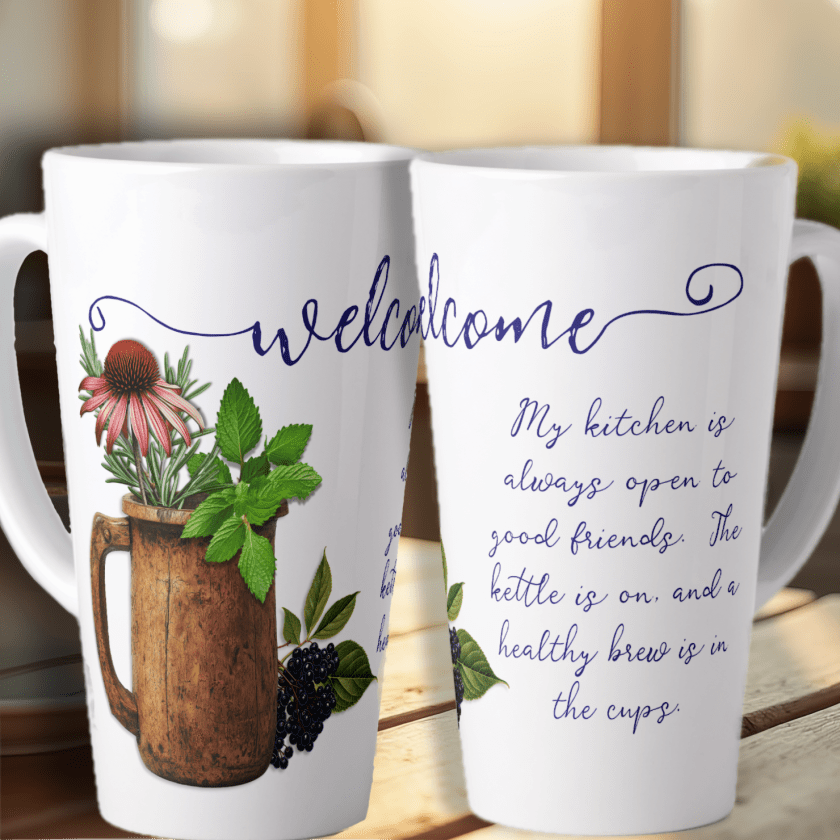 Herbal coneflower welcome latte mug with text